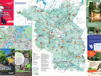 Eine detaillierte Karte vom Reiseland Brandenburg mit eingezeichneten Highlights und einzelnen Reiseregionen