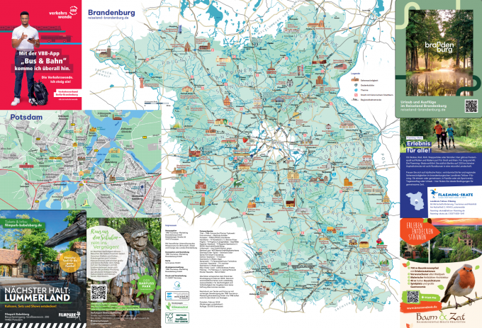 Eine detaillierte Karte vom Reiseland Brandenburg mit eingezeichneten Highlights und einzelnen Reiseregionen